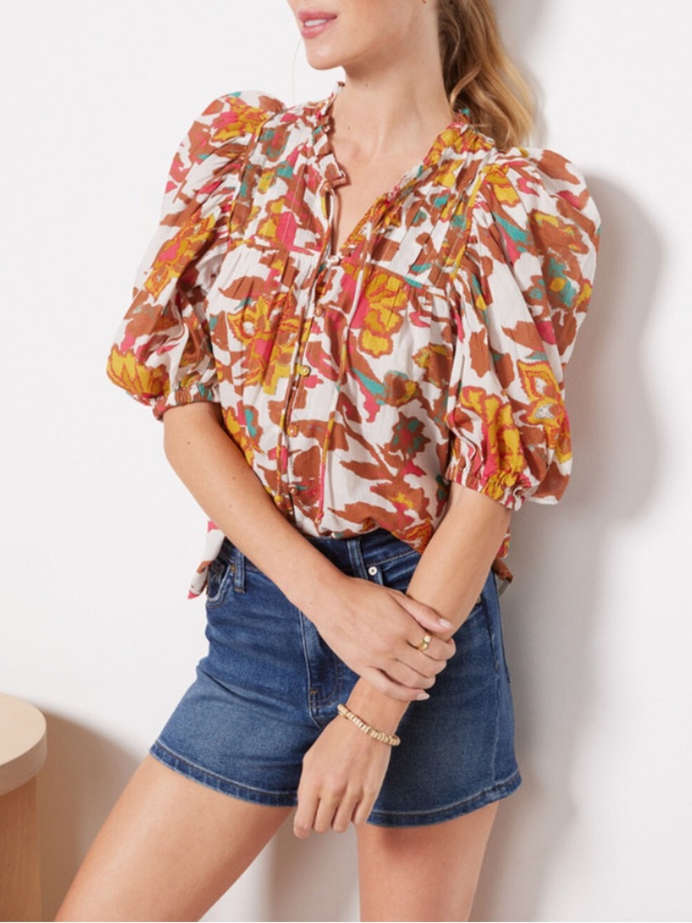 Cleobella Zola Puff Sleeve Organic Cotton Floral Boho Blouse Size Large